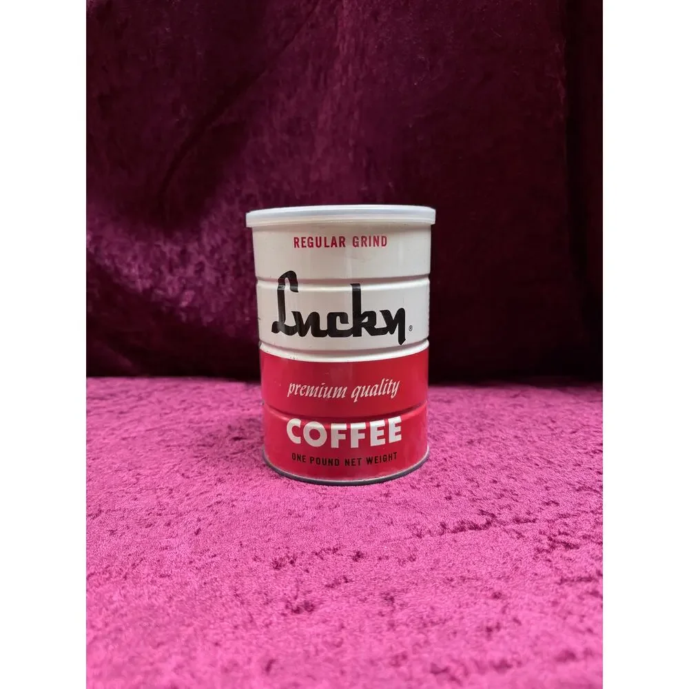 Vintage Lucky Metal Coffee Can San Leandro California Regular Grind 1 Pound Tin